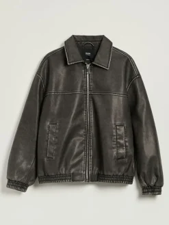 Grafitowa kurtka bomber dad fit z imitacji skóry