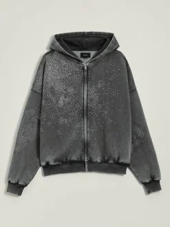 Grafitowa rozpinana bluza acid wash z kapturem i dżetami