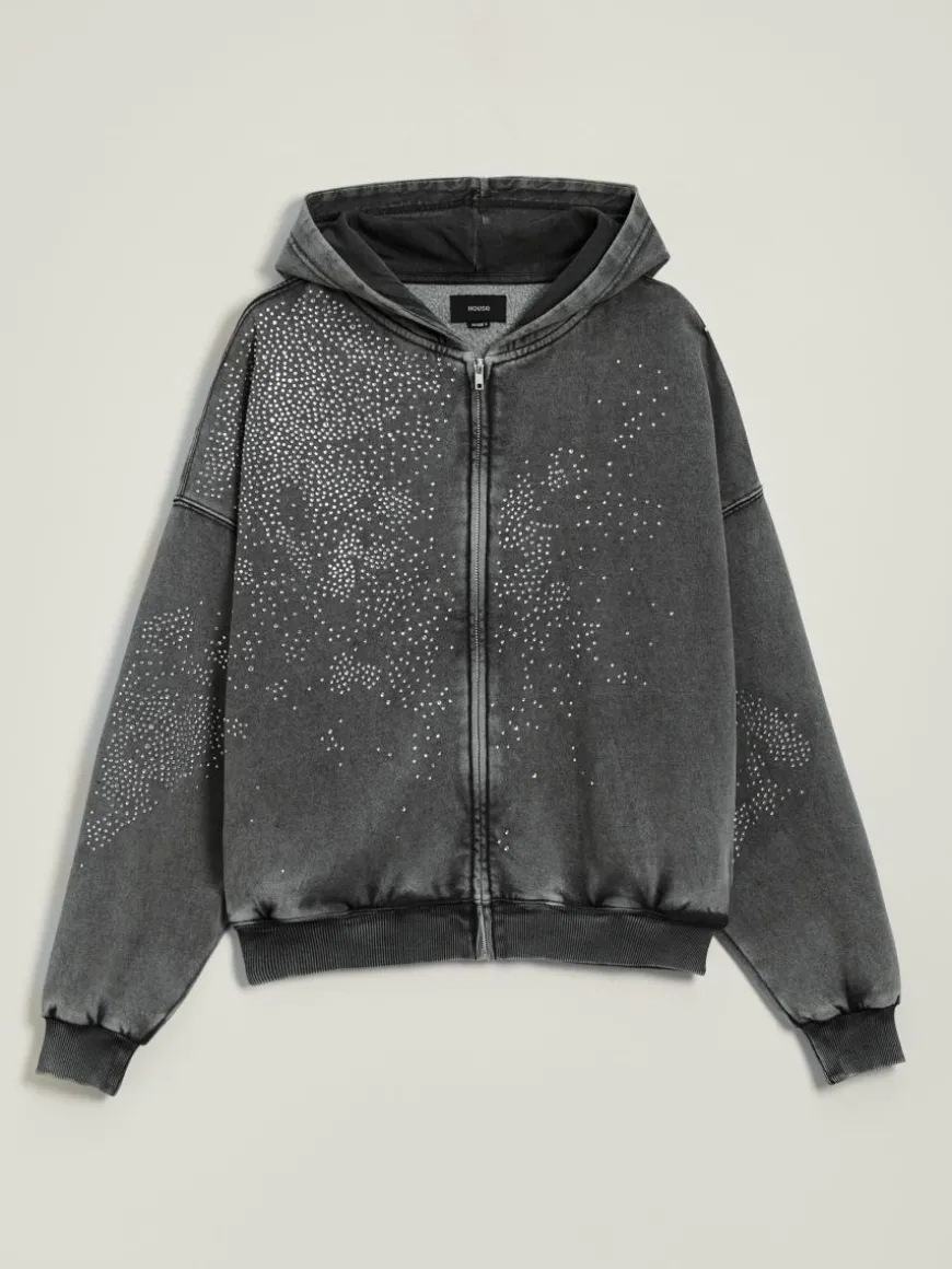 Grafitowa rozpinana bluza acid wash z kapturem i dżetami