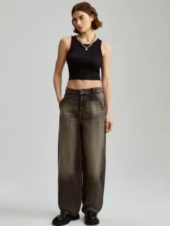 Grafitowe jeansy baggy fit z przetarciami