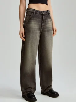 Grafitowe jeansy baggy fit z przetarciami