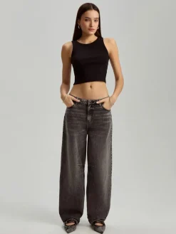 Grafitowe jeansy baggy fit mid waist