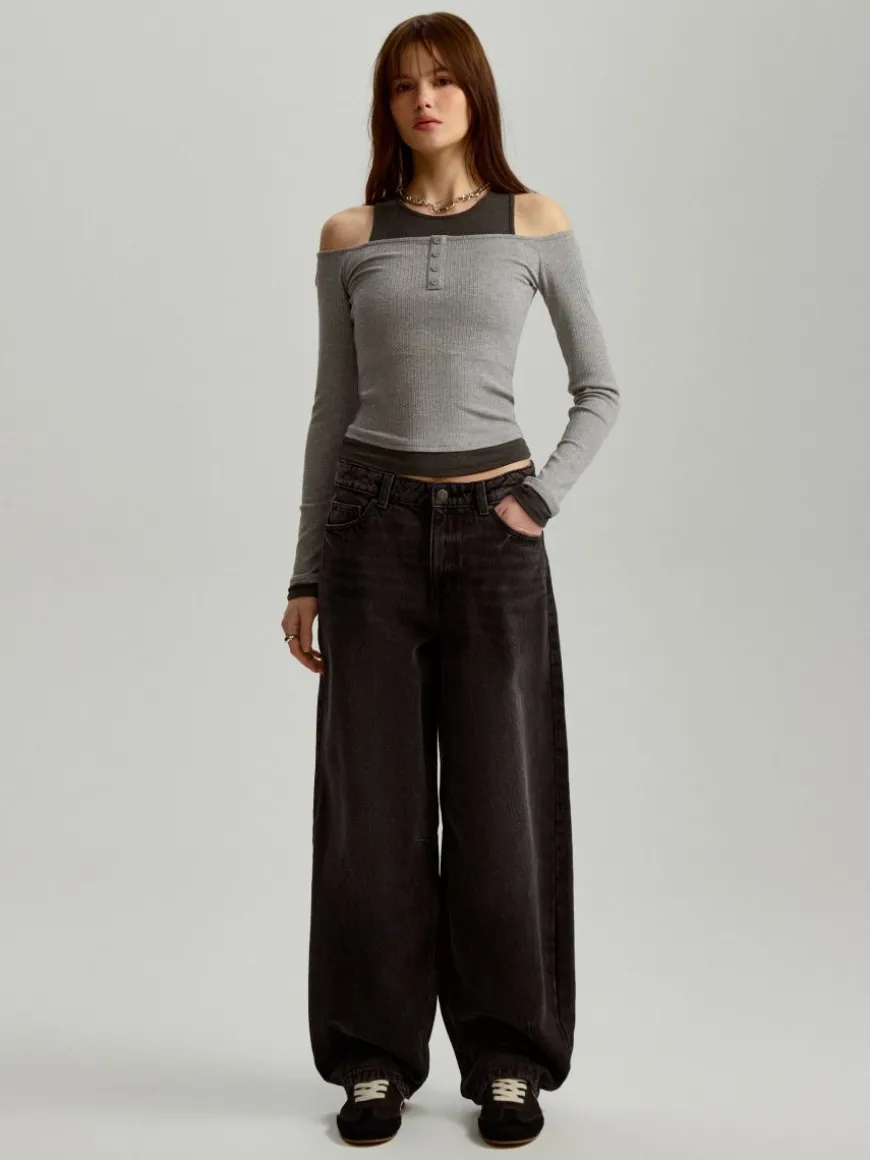 Grafitowe jeansy baggy fit mid waist