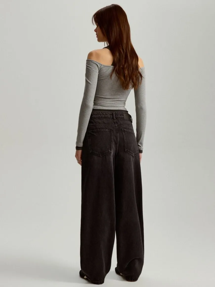 Grafitowe jeansy baggy fit mid waist