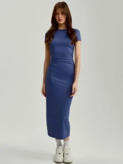 Granatowa sukienka maxi bodycon z krótkim rękawem