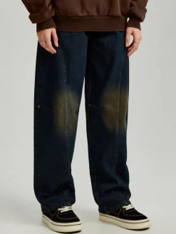 Granatowe jeansy baggy fit z przetarciami na kolanach