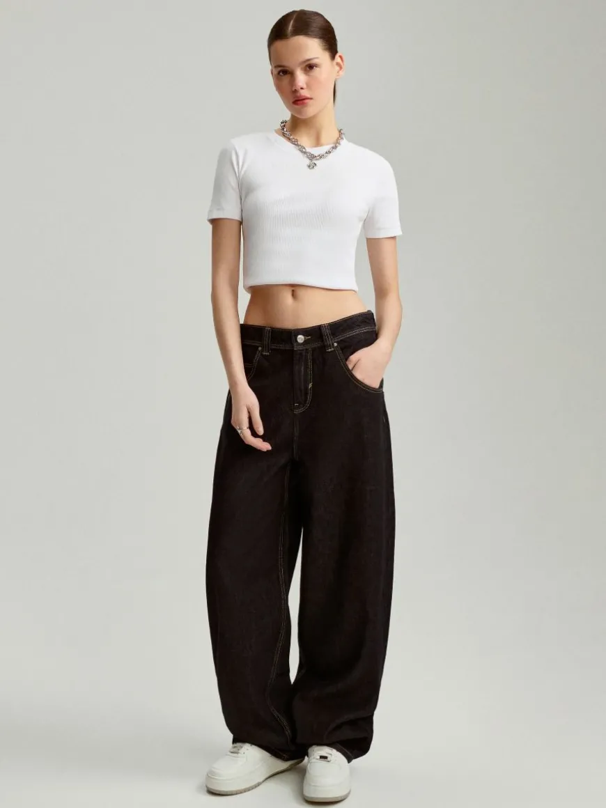 Granatowe jeansy baggy fit z haftem tygrysa z wężem na tyle
