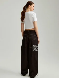 Granatowe jeansy baggy fit z haftem tygrysa z wężem na tyle