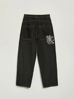 Granatowe jeansy baggy fit z haftem tygrysa z wężem na tyle