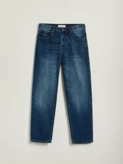 Granatowe jeansy straight fit z efektem sprania