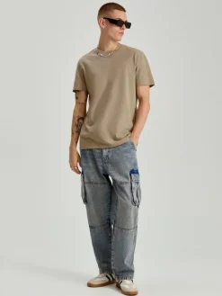 Grantowe jeansy baggy wide leg z kieszeniami cargo