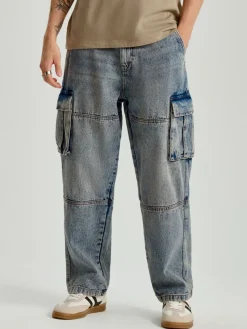 Grantowe jeansy baggy wide leg z kieszeniami cargo