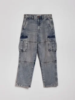 Grantowe jeansy baggy wide leg z kieszeniami cargo