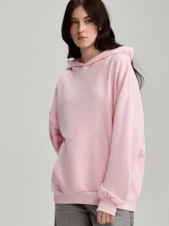 Jasnoróżowa gładka bluza loose fit z kapturem