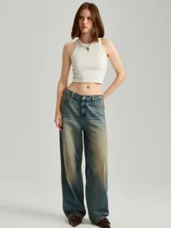 Jeansy baggy fit mid waist granatowe
