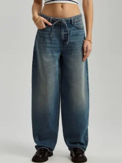 Jeansy baggy fit niebieskie z wiązanym paskiem