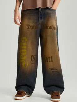 Jeansy super baggy fit w stylu dirty wash z napisami