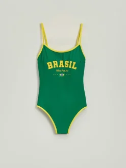 Jednoczęściowy zielony strój kąpielowy z nadrukiem Brasil