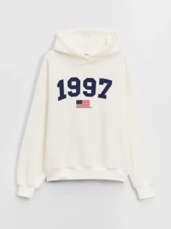 Kremowa bluza z kapturem i nadrukiem 1997