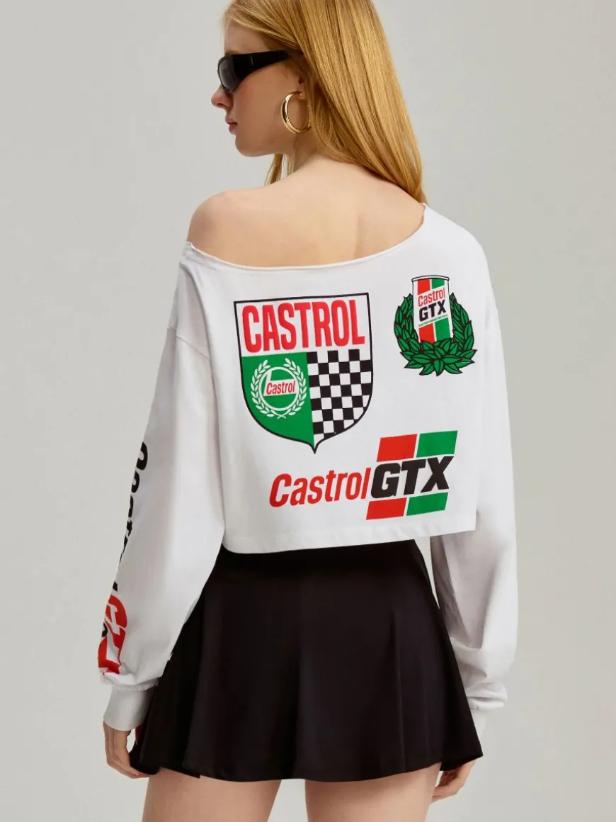 Krótka bluzka z nadrukami Castrol Racing biała