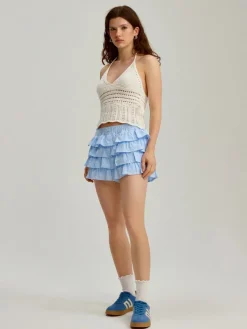 Krótki top z wiązaniem crochet kremowy