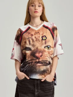 Luźna koszulka z nadrukiem kota i napisem pet world
