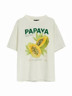 Luźna koszulka z nadrukiem Papaya kremowa