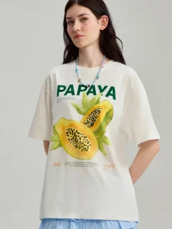 Luźna koszulka z nadrukiem Papaya kremowa