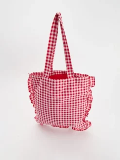 Materiałowa torba shopper z haftem i falbanką