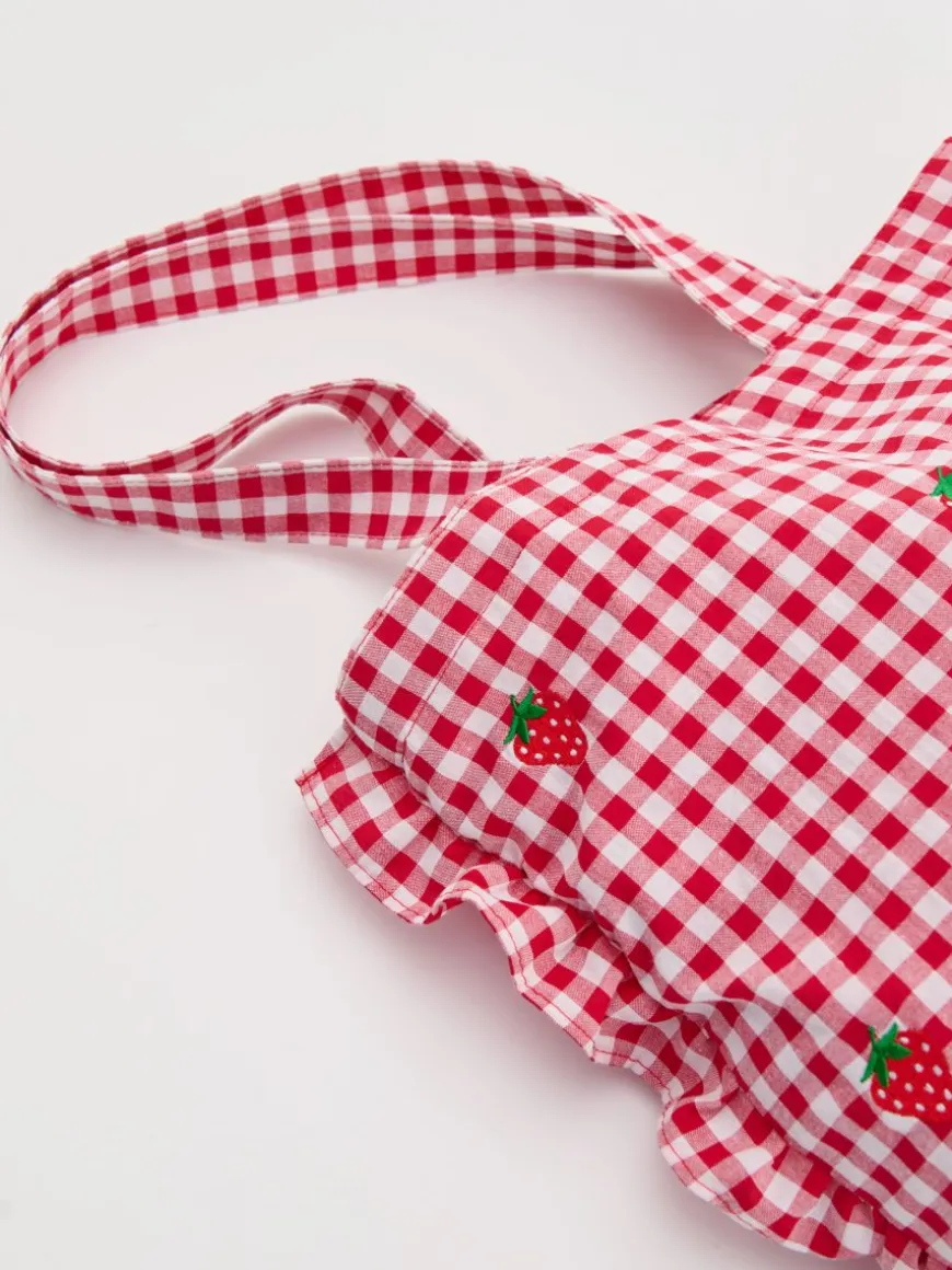 Materiałowa torba shopper z haftem i falbanką