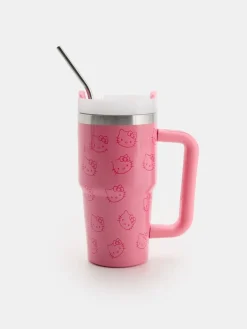 Metalowy rózowy kubek ze słomką i motywem Hello Kittty