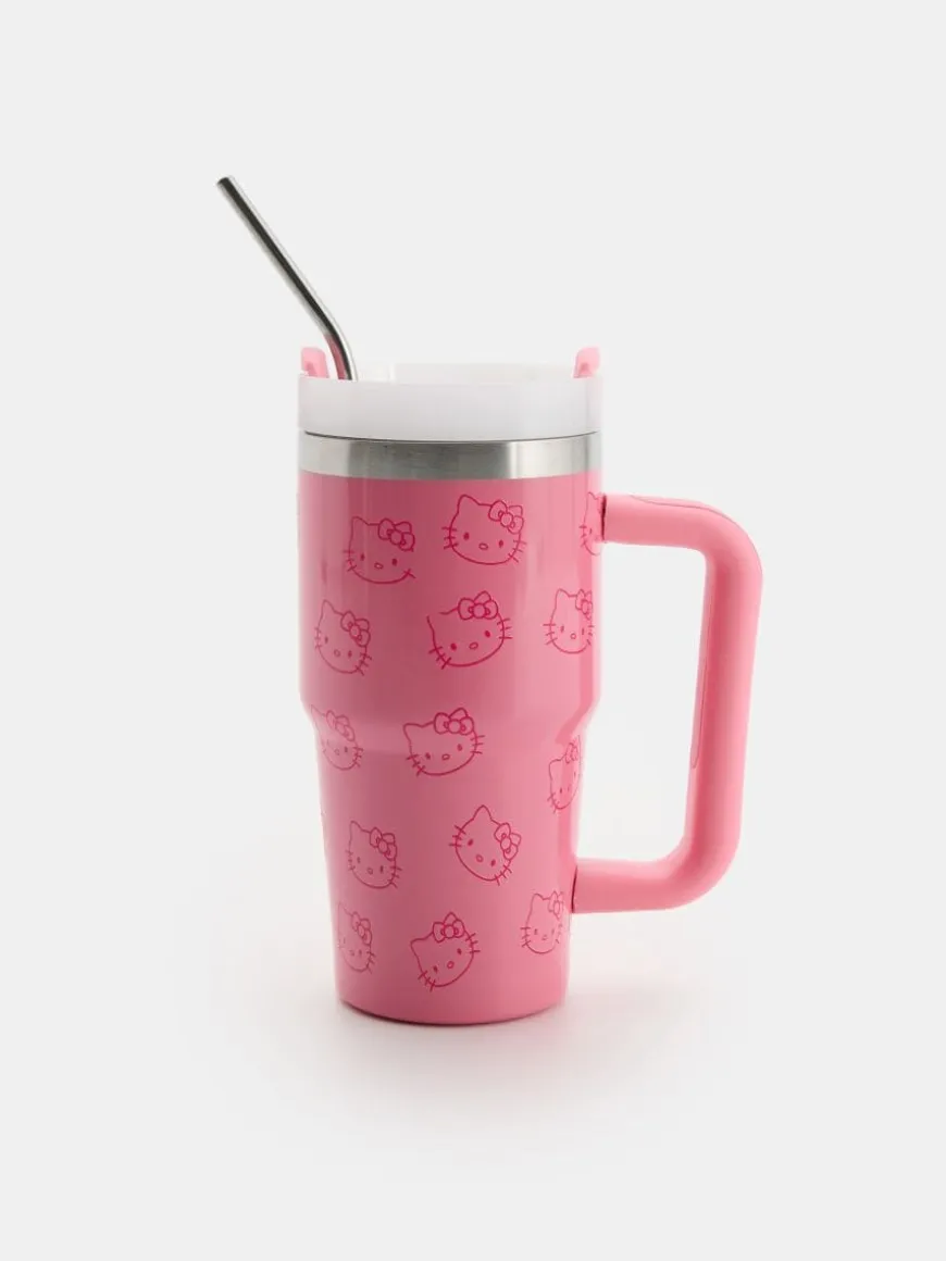 Metalowy rózowy kubek ze słomką i motywem Hello Kittty
