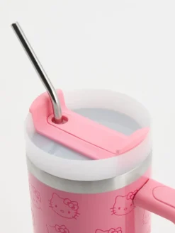 Metalowy rózowy kubek ze słomką i motywem Hello Kittty
