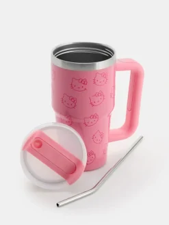 Metalowy rózowy kubek ze słomką i motywem Hello Kittty