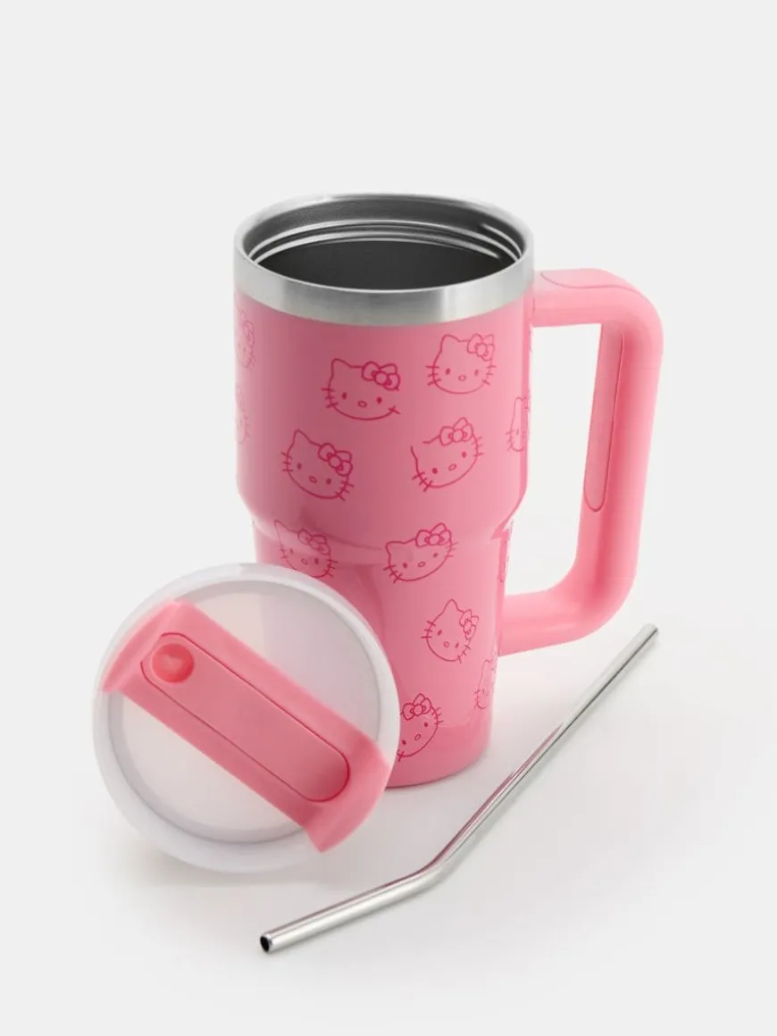 Metalowy rózowy kubek ze słomką i motywem Hello Kittty