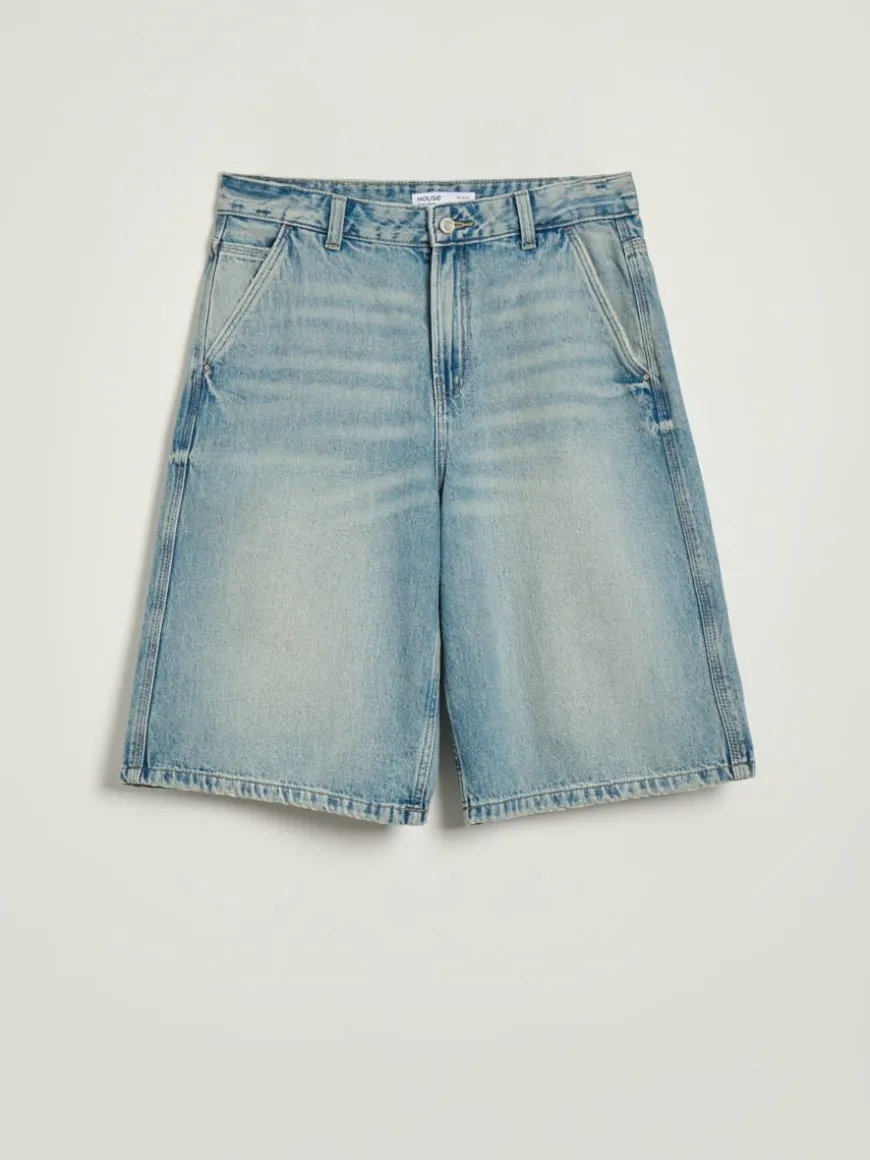 Niebieskie jeansowe bermudy baggy fit z efektem sprania
