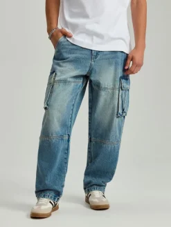 Niebieskie jeansy baggy wide leg z kieszeniami cargo