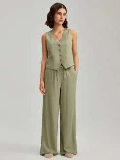 Oliwkowe spodnie wide leg mid waist z domieszką lnu