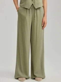 Oliwkowe spodnie wide leg mid waist z domieszką lnu