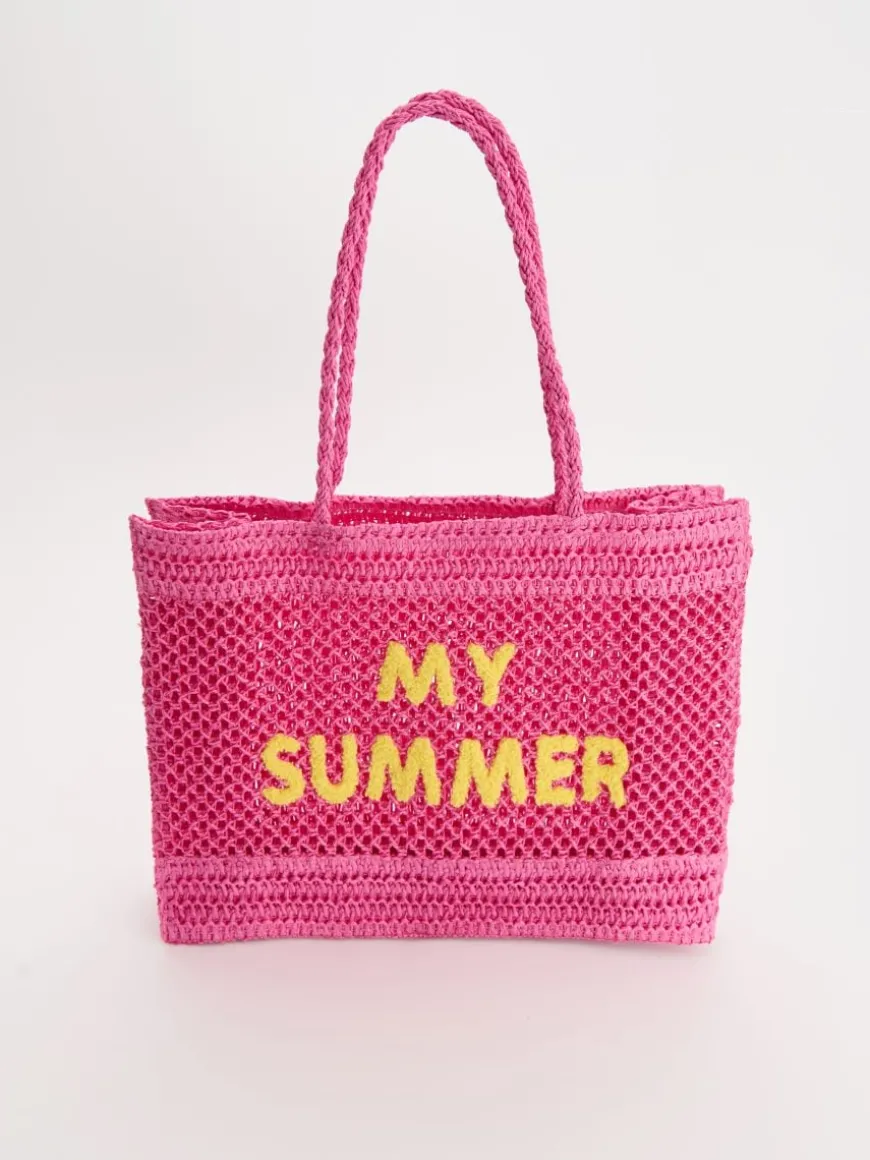 Pleciona torba shopper z napisem różowa