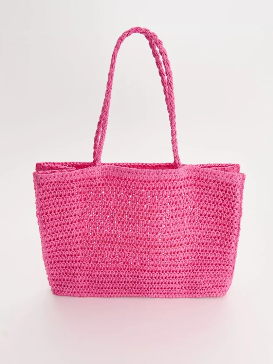Pleciona torba shopper z napisem różowa