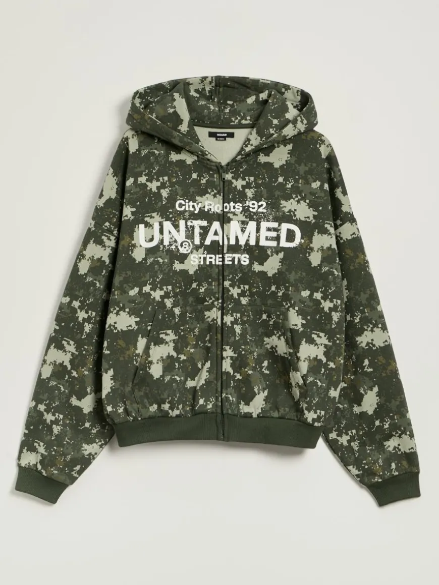 Rozpinana bluza camo z kapturem i nadrukiem Untamed