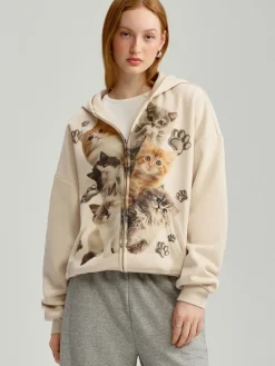 Rozpinana bluza z motywem kotków beżowa