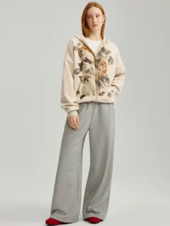 Rozpinana bluza z motywem kotków beżowa