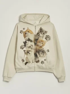 Rozpinana bluza z motywem kotków beżowa