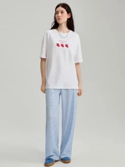 Spodnie wide leg mid waist ze strukturą w kratę