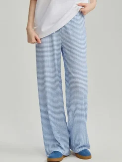 Spodnie wide leg mid waist ze strukturą w kratę