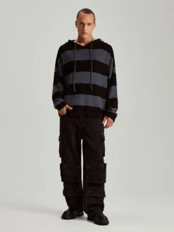 Sweter loose fit z kapturem w paski