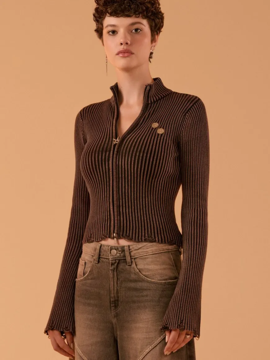 Sweter slim fit w prążki PREMIÈRE brązowo-bordowy