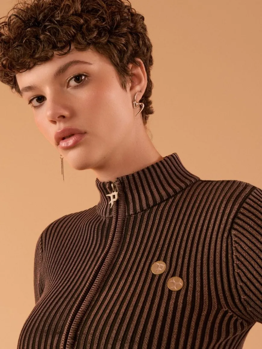 Sweter slim fit w prążki PREMIÈRE brązowo-bordowy